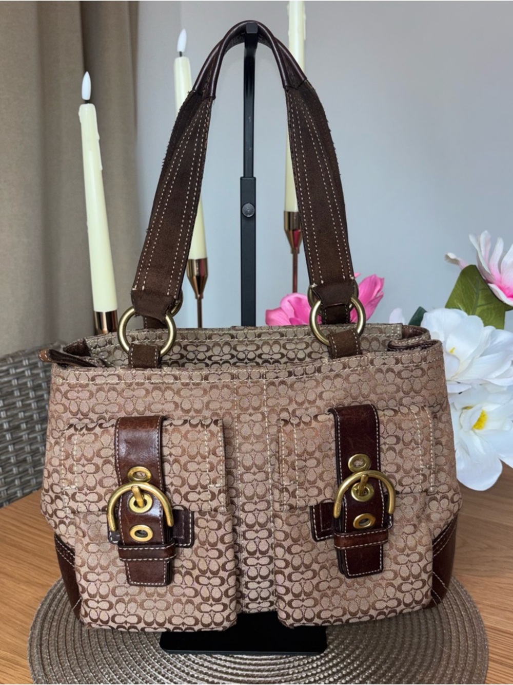 Vintage coach Dark Brown and Khaki Monogram Soho Canvas suede Satchel Bag 3646